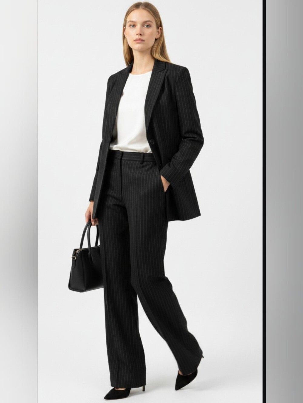COLLECTIONS FOR LE SUIT! BLACK W/WHITE PINSTRIPE 2 PC JACKET, PANTS SUIT! SZ 10P
